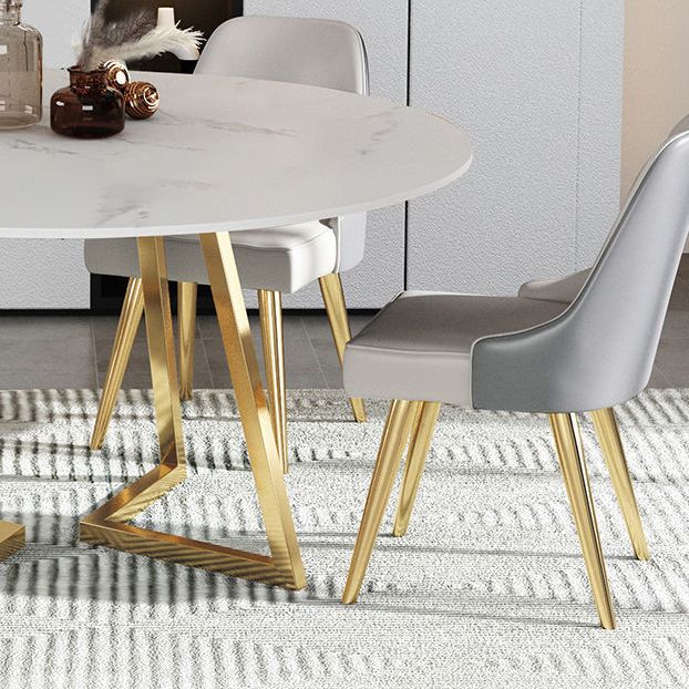 Modern White Stone Dining Table Metal Double Pedestal Table for Kitchen