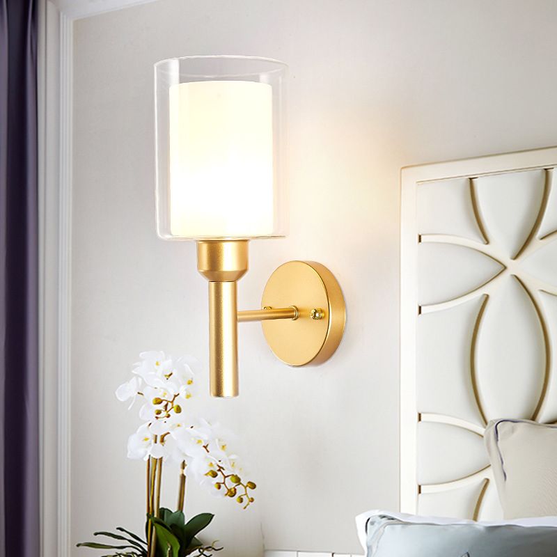 Metallic Single Bulb Wall Light, Golden Finish with Cylinder Shaped Glass Shade