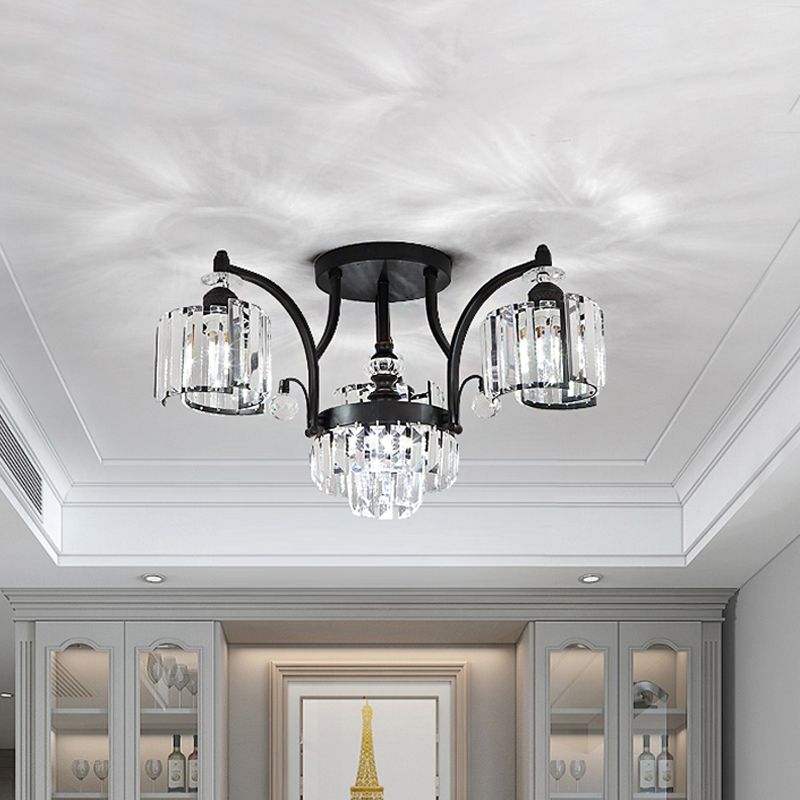 Metallic Curbe ARM SEMI FUSH MOUR MODERNE MODERNE 3/6 BULB DES PLAUDES PLAGE FUSHER EN NOIR AVEC CYLINDRE CRISTAL