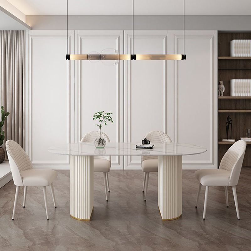 Modern Oval Dining Table Stone and Metal Double Pedestal Dining Table in White