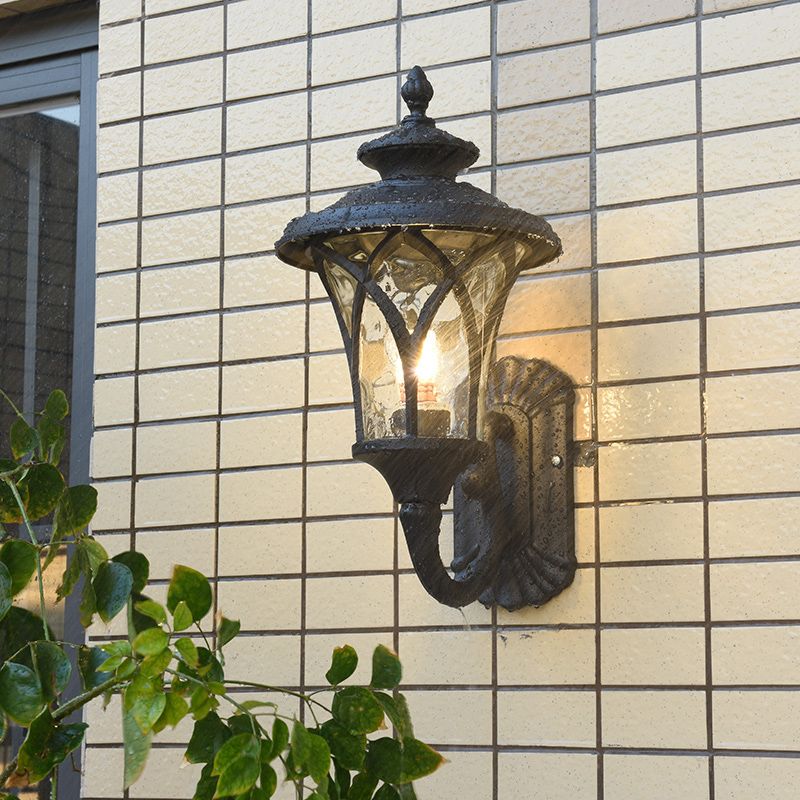 Arch Water Glass Wall Light Rural 1-Head Courtyard Wall Sconce Lighting Fixture in Black/Bronze
