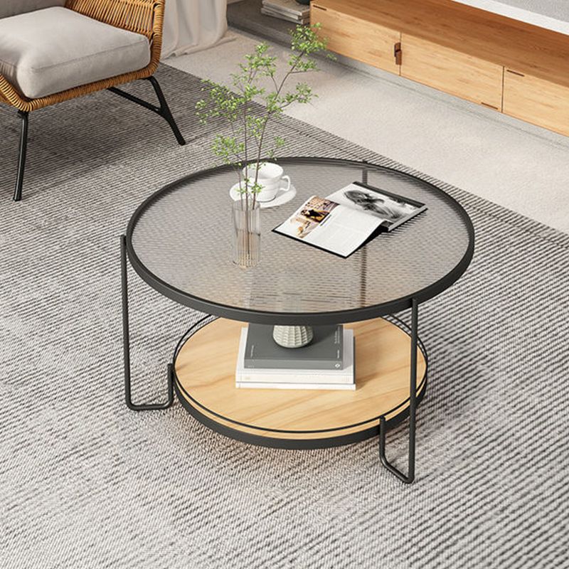 Glass Round Coffee Table 3 Legs Base Type Cocktail Table with Storage