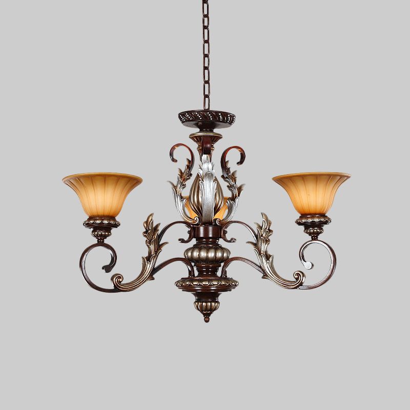 Lampada a ciondolo a campana tradizionalista 3 luci lampada lampadario in vetro ambra in bronzo con design intagliato