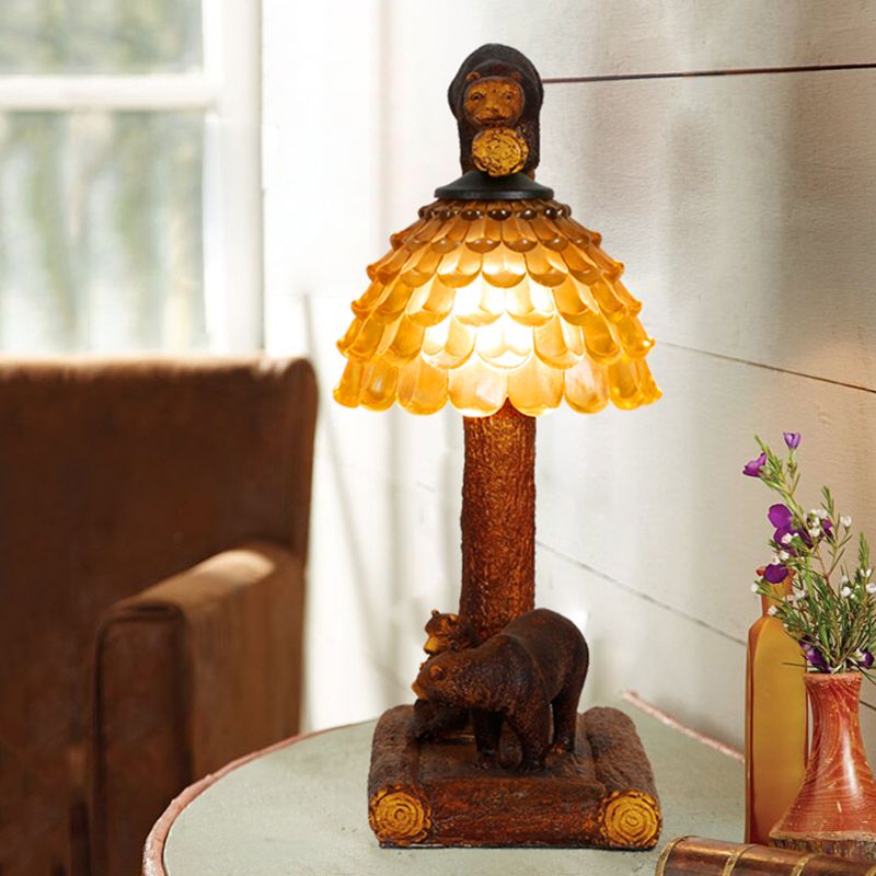 Brauner Tischontisch Leicht klassisches Bernsteinglas 1 helle Schlafzimmer -Aufgabenlampe mit Bären