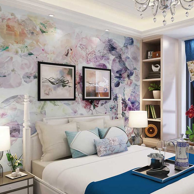 Enormous Rose and Bubble Mural in Purple and Pink Non-Woven Fabric Wall Art for Home Decor, Custom-Printed