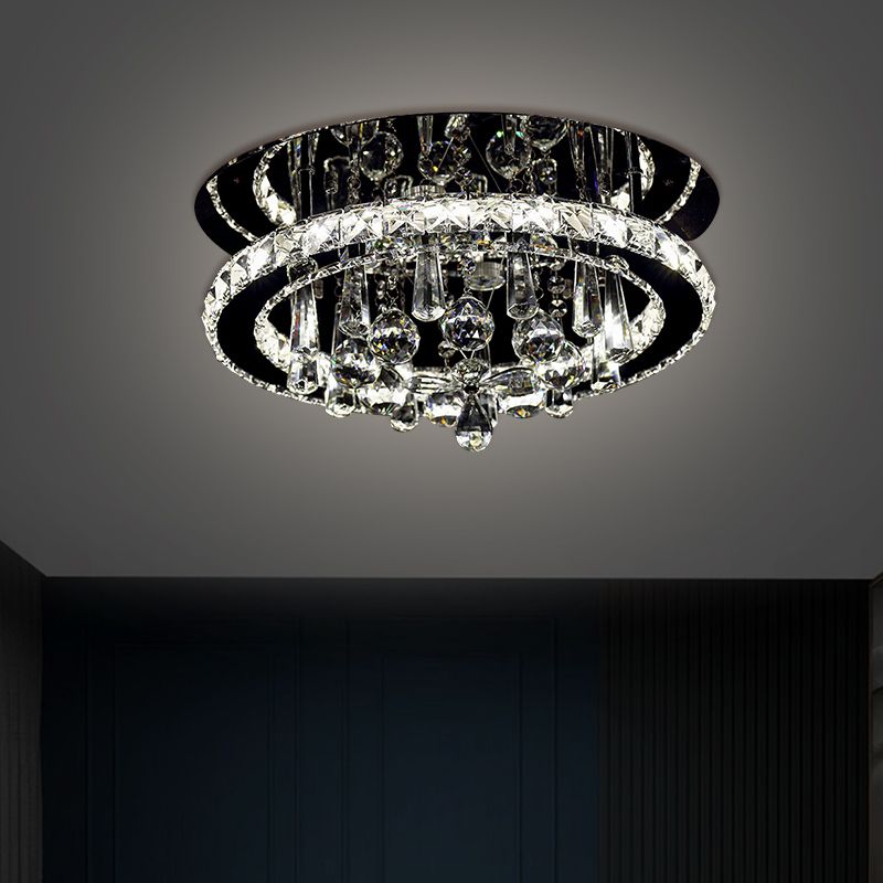 Simplicity Round LED Ceiling Fixture Hand-Cut Crystal Sitting Room Semi Mount Lighting in Chrome, Warm/White Light
