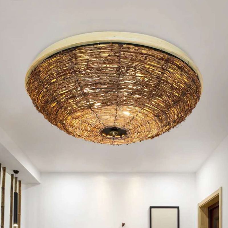 3 Bulbs Dining Room Flush Mount Asian Brown Ceiling Mounted Light with Bowl Rattan Shade