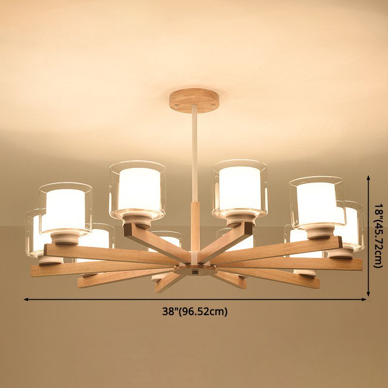 Cylinder Chandelier Lighting Fixtures Modern White Glass Suspension Light With Wooden Stand for Living Room
