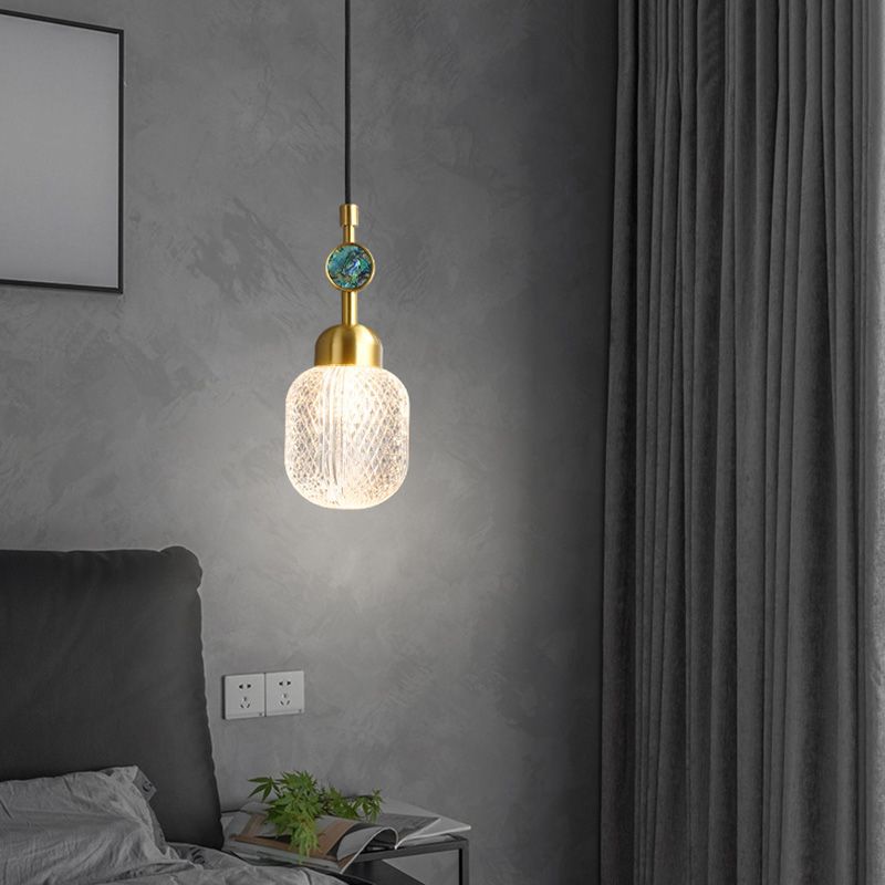 Iluminación ovalada de vidrio de red transparente posmoderno 1 cabeza colgante de latón para dormitorio