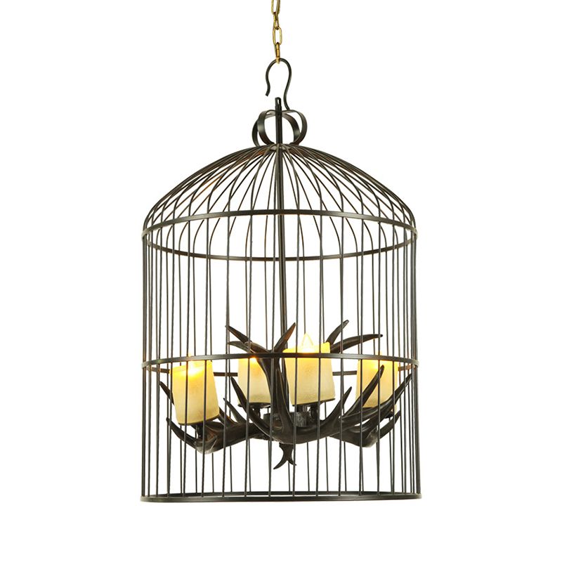 4 Lights Metal Chandelier Lamp Rustic Black Birdcage Living Room Down Lighting Pendant with Frosted Glass Shade