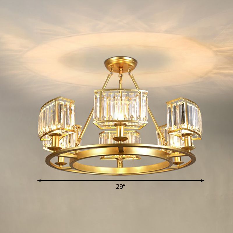 Gold Finish Circular Up Chandelier Minimalist Crystal Block Ceiling Suspension Lamp for Living Room