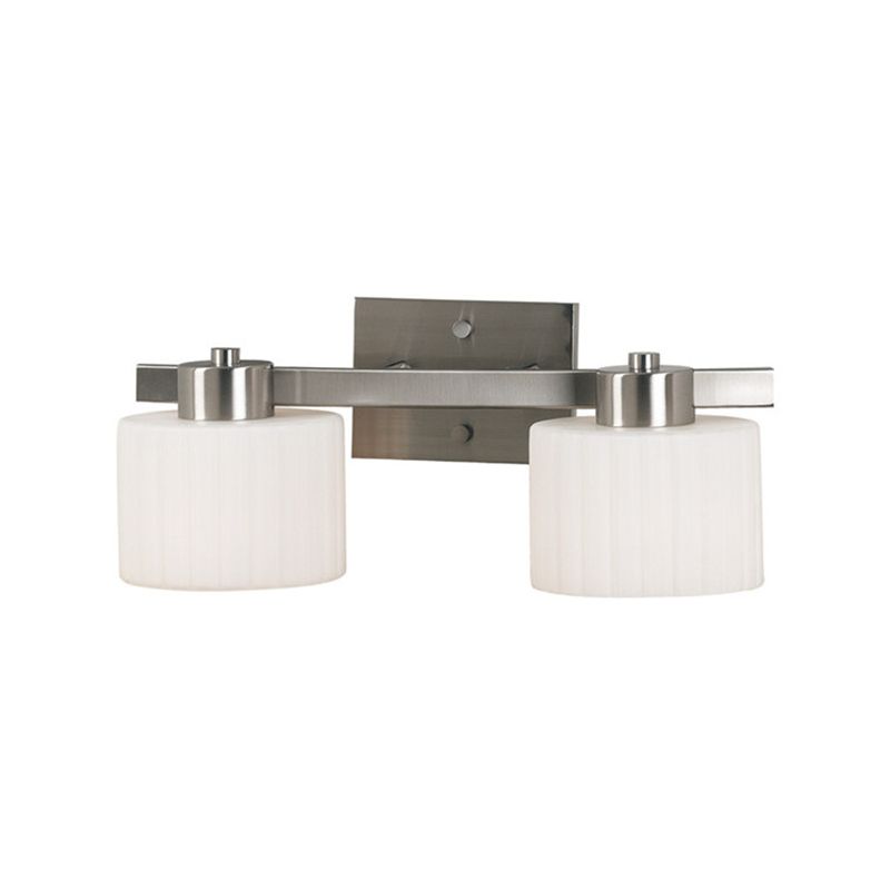 White Ribbed Glass Nickel Sconce Light Fixture Drum 2-Head Modern Wall Mounted Lamp