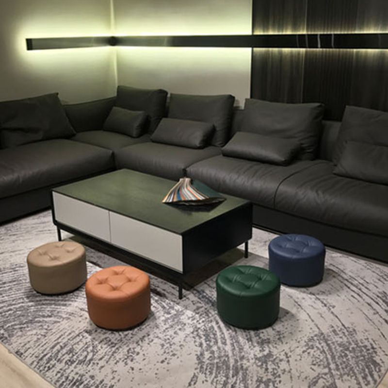 Contemporary Pouf Ottoman Faux Leather Upholstered Tufted Cylinder Shape Ottoman