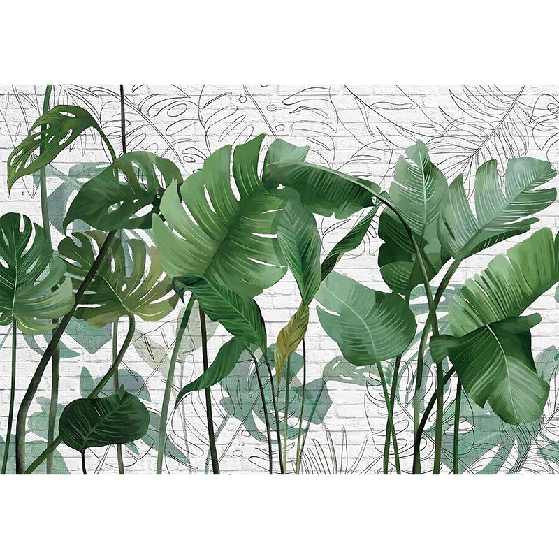 Enormous Banana Leaves Wall Art in Green Non-Woven Fabric Wall Mural Decal for Accent Wall, Custom-Made