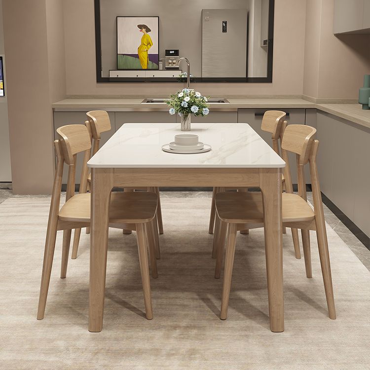 Modern White Stone Top Dining Table Rectangular Tabletop with Wood Legs