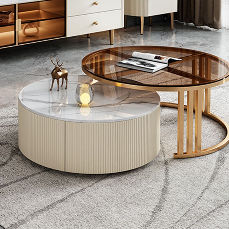 Glass Coffee Table Frame Round Nesting Coffee Table with Storage Drawers