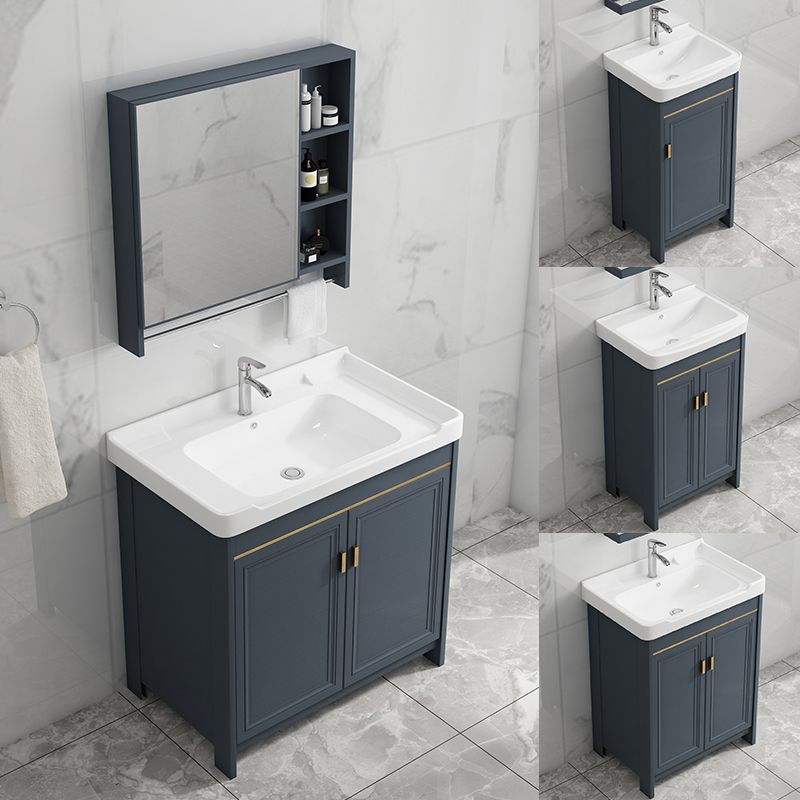 Freestanding Bath Vanity Blue Rectangle Mirror 2 Doors Bathroom Vanity with Single Sink