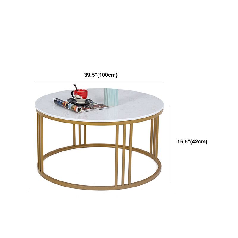 Glam Style White Round Coffee Table with Marble Top and Iron Frame Base