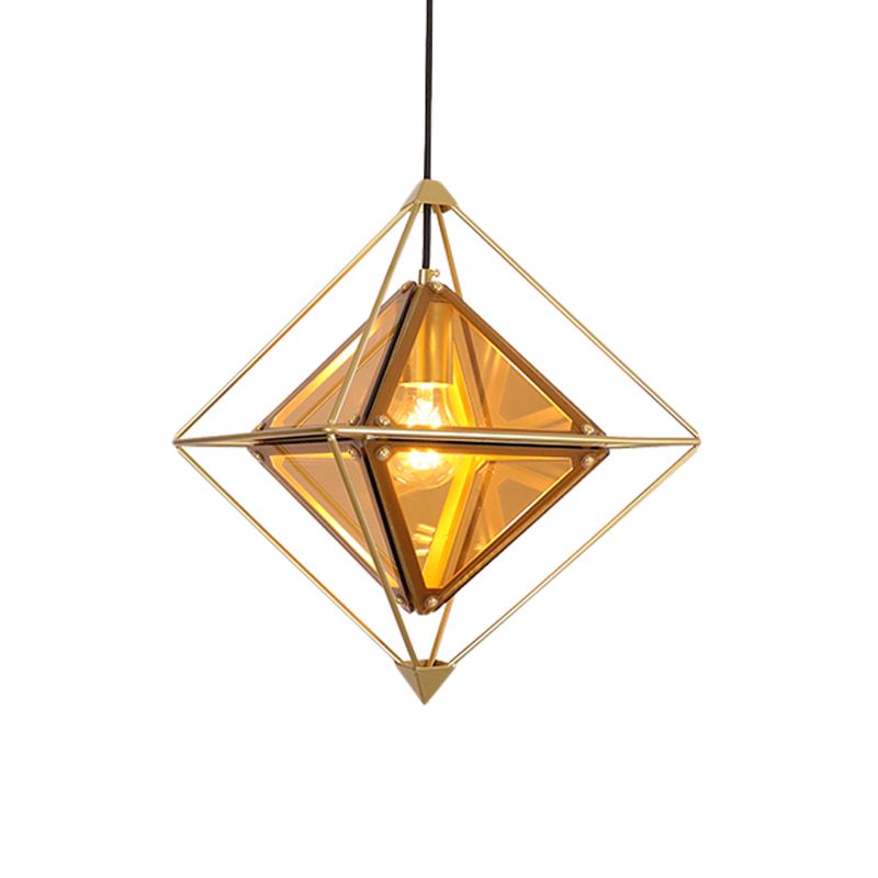 Black/Gold/Amber Glass 1-Light Drop Pendant Colonial Diamond Shape Ceiling Light Fixture with Exterior Iron Frame