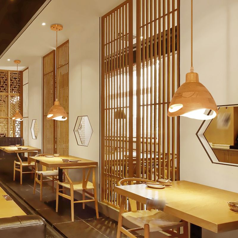 Bedroom Contemporary Hanging Light Creative Wood Shade Pendant Lamp in Beige