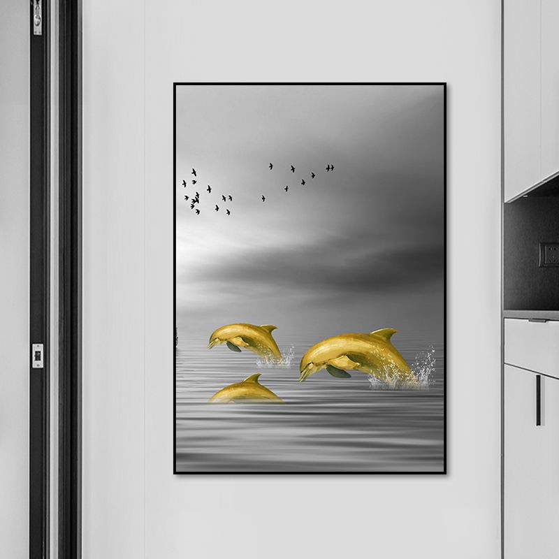 Glam Wall Art Gold Dolphin Jumping out of Sea Water Wrapped Canvas for Home