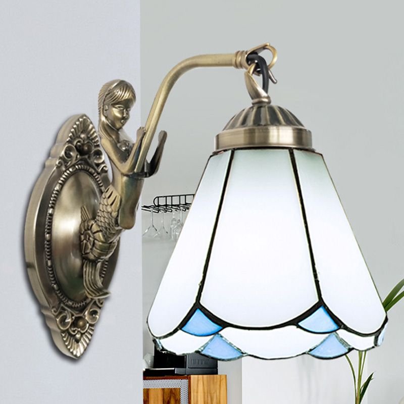 1 Head Conical Wall Sconce Lighting Mission White/Beige Glass Wall Mount Light Fixture with Mermaid Backplate