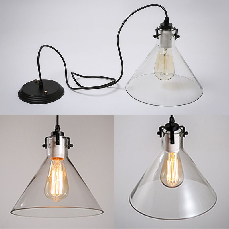 1-Light Cone Shaped Pendant Lighting Factory Black Yellow/Clear/Smoked Glass Hanging Light Fixture