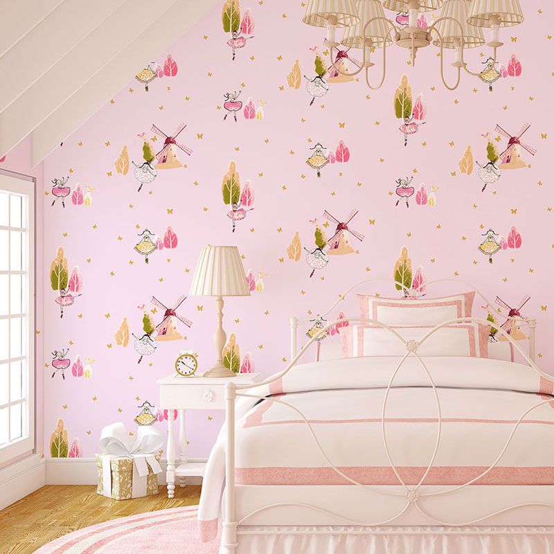 Kid's Room Wallpaper with Soft Color Cartoon Windmill and Tree Pattern, Non-Pasted