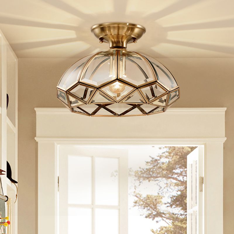 Shaded Aisle Semi Mount Lighting Vintage-Style Glass Brass Ceiling Mounted Light