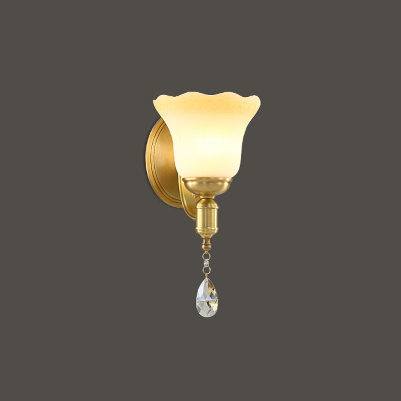 Blossom Opaque Glass Wall Lamp Retro Style 1/2-Head Gold Wall Lighting Ideas with Crystal Drop