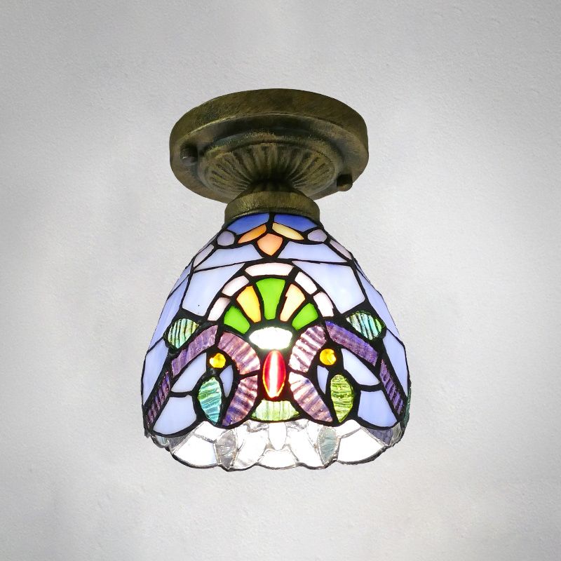 Dome Ceiling Light 1 Bulb Stained Glass Vintage Semi Flush Light Fixture for Corridor
