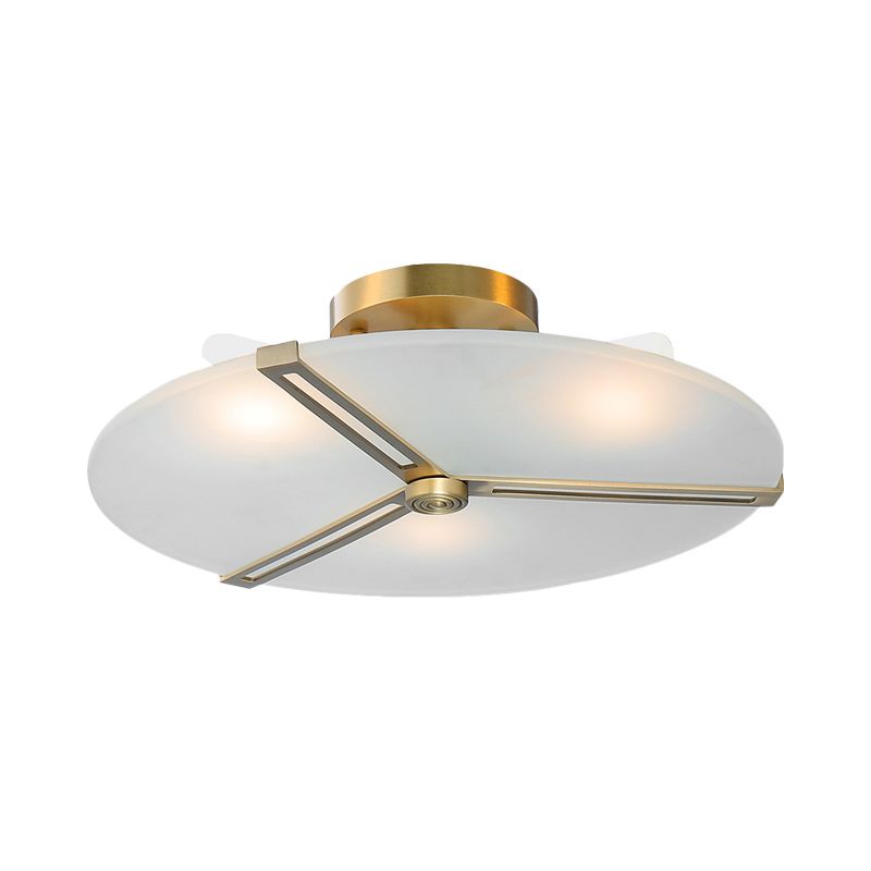 Retro Plate Frosted Glass Semi Flush 3 Bulbs Ceiling Mount Chandelier with Brass Band
