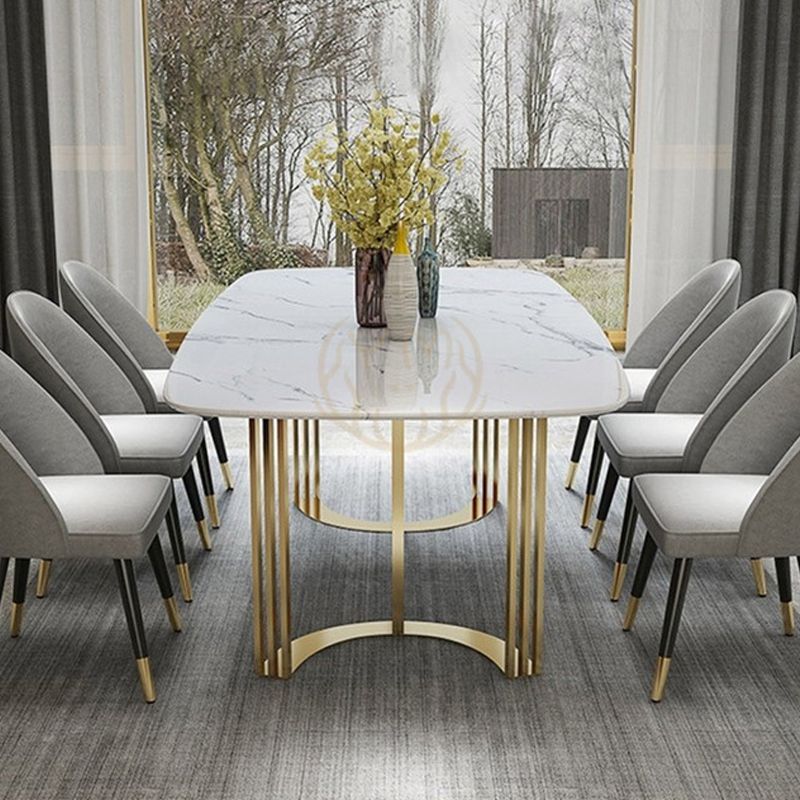 Glam Style Stone Table Dining Rectangle Table with Metal Legs for Home Use