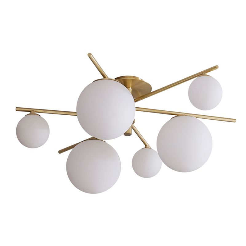 Simplicity 6-Light Semi Flush Mount Lamp Gold Sputnik Ceiling Light with Ball White Glass Shade