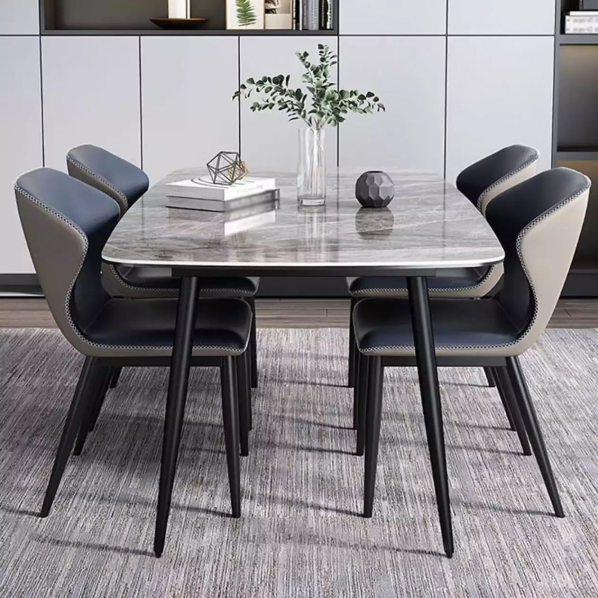 Contemporary Rectangle Dining Table Grey Sintered Stone Dining Table with 4 Black Legs