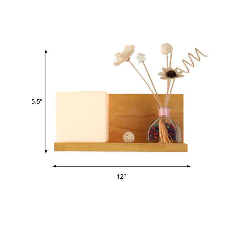 Contemporary Beige Wall Lamp with Fake Plant Deco Cube Shade 1 Light Wood & Milk Glass Sconce Light for Bedroom