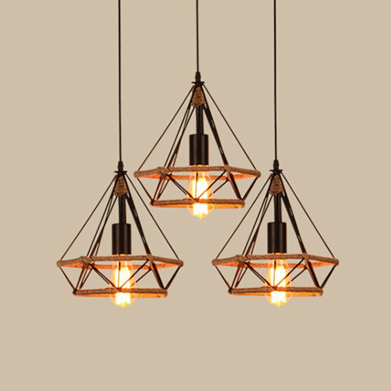 Diamond Cage Rope Ceiling Pendant Light Vintage Style Restaurant Pendant Ceiling Light in Beige