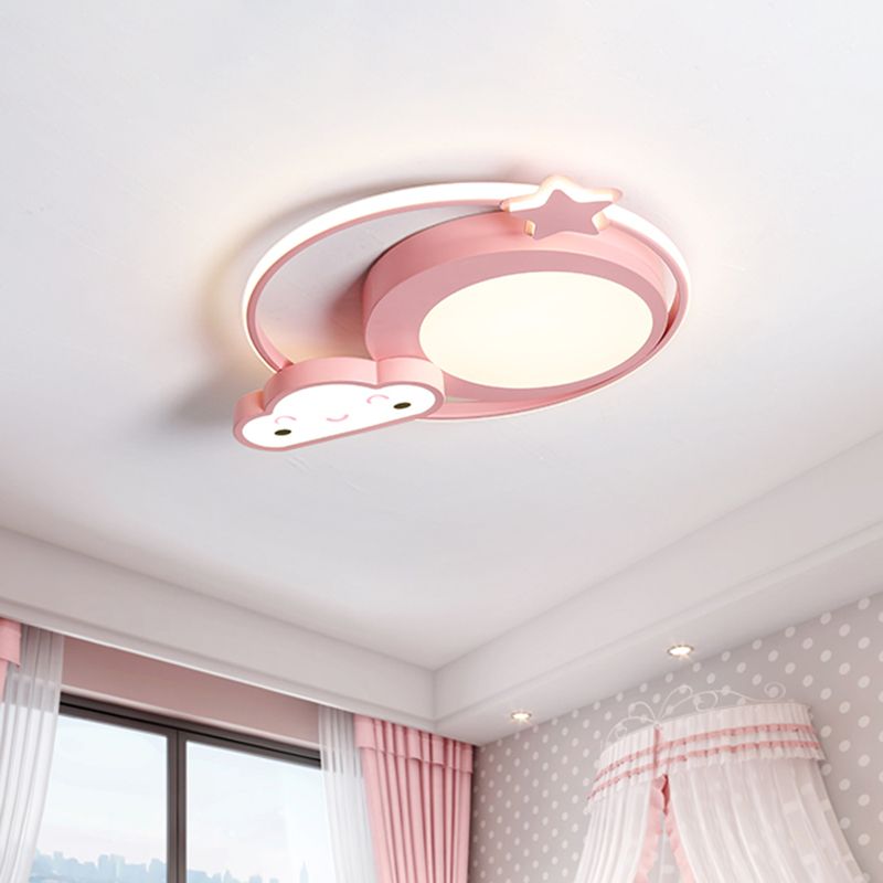 Cartoon Nebula Flush Lighting Acrylic LED Bedroom Ceiling Mount Fixture in Pink, White/Warm Light