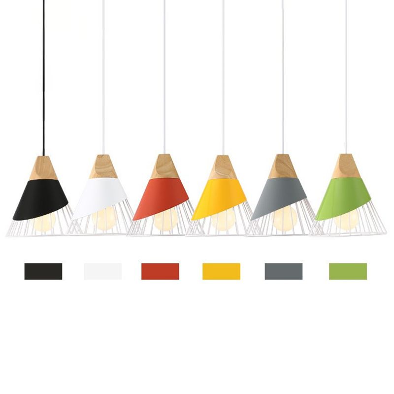 Metal Tapered Hanging Light Nordic Modern 1 Light  Restaurant Ceiling Pendant Lamp with Wooden Top