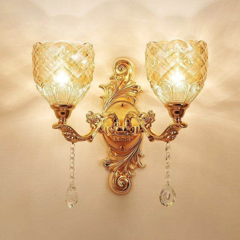 2 Lights Dome/Flower Up Wall Sconce Light European Gold Textured Crystal Wall Lamp Fixture