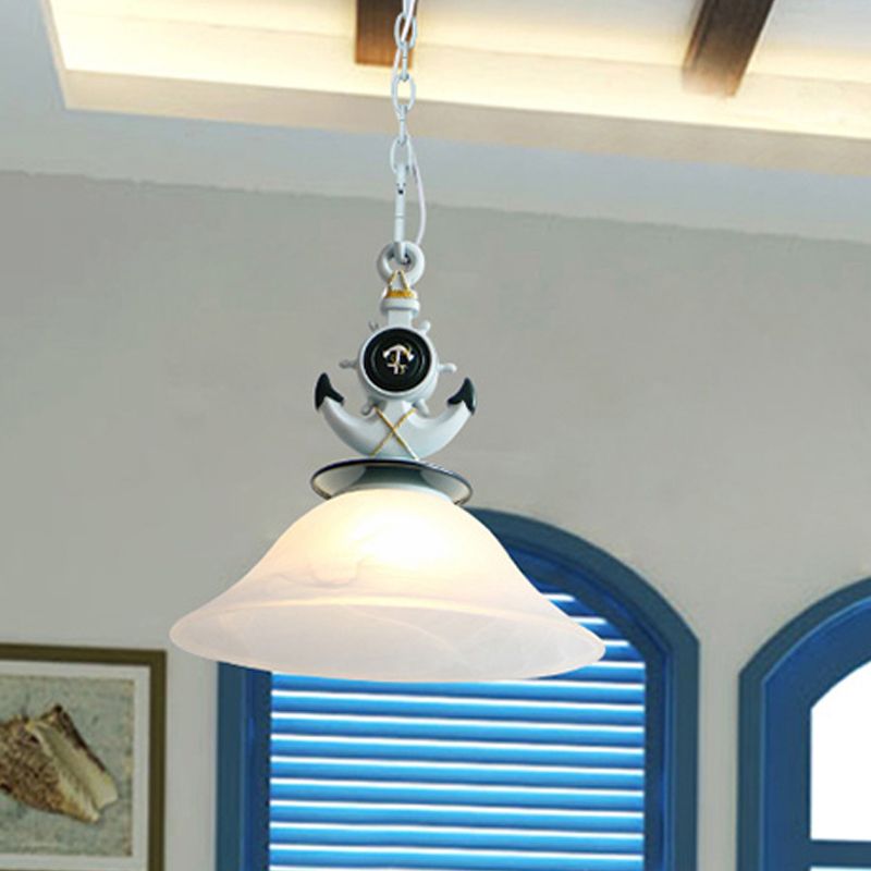 Frosted Glass Bell Hanging Light Kids 1 Light Blue Suspended Lighting Fixture with Anchor Decoration