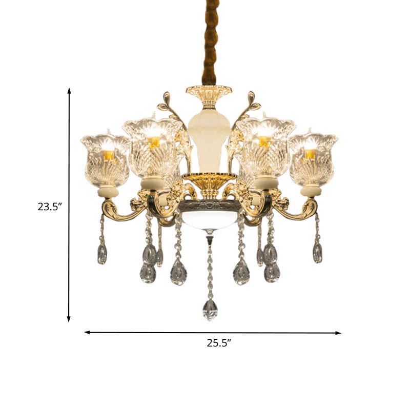 Antique Floral Pendant Chandelier 6 Lights Clear Glass Ceiling Hang Fixture in Gold with Dangling Crystal