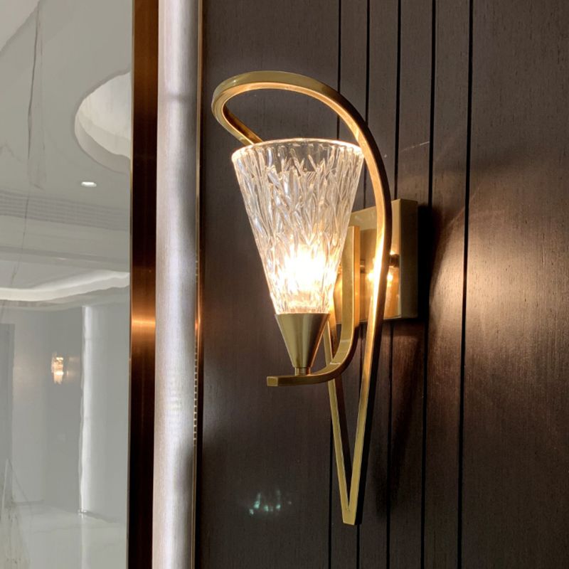 Lámpara de pared de cono de vidrio de agua Vintage 1 cabezal de estar de sala de estar Luz de luz en oro
