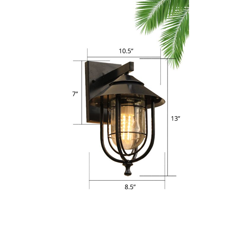 Caged Glass Wall Mounted Lighting Rustic 1 Bulb Outdoor Wall Sconce Light in Black