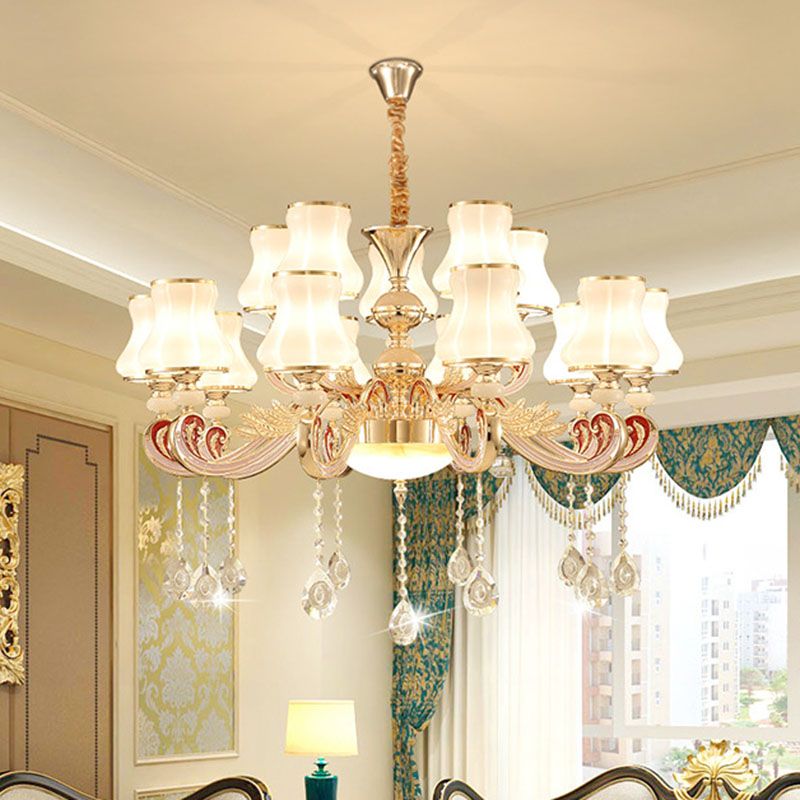 Araña de brazo desplazado sala de estar de metal nórdico colgante colgante de colgante con sombra de vidrio acampanado en oro