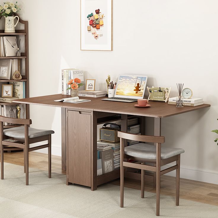 Mid-Century Modern Dining Table Rectangle Solid Wood Drop-Leaf Dining Table