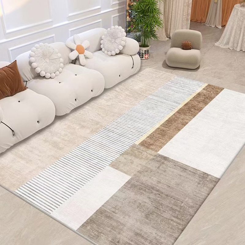 Light Brown Striped Rug Polyester Casual Rug Non-Slip Backing Rug for Living Room