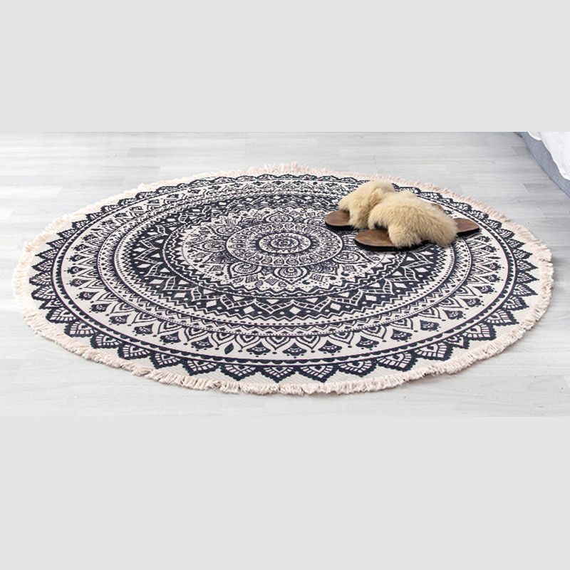 Round White Tone Modern Indoor Rug Cotton Symmetrical Pattern Carpet Easy Care Rug for Home Decoration
