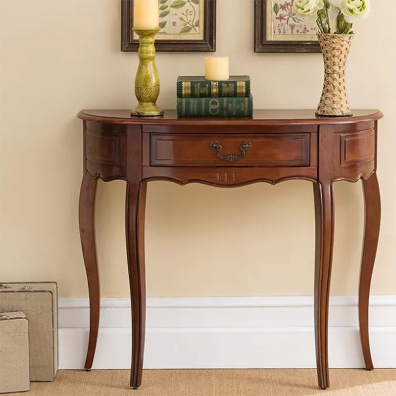 Solid Wood Half Moon Accent Table 1 Drawer 33.46" Tall End Table