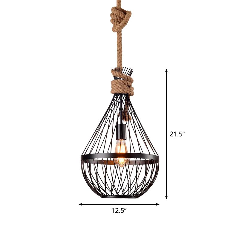 Pear-Shaped Iron Suspension Lighting Retro 1 Head Restaurant Pendant Ceiling Light with Hemp Rope in Black